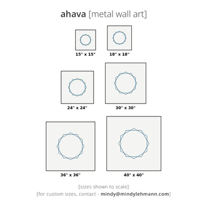 A size chart for ahava metal art prints showing five square canvas options with a blue geometric circular design. The sizes shown are 15" x 15", 18" x 18", 24" x 24", 30" x 30", 36" x 36", and 40" x 40", with text noting available sizes shown to scale and custom sizes available by contact mindylehmann.