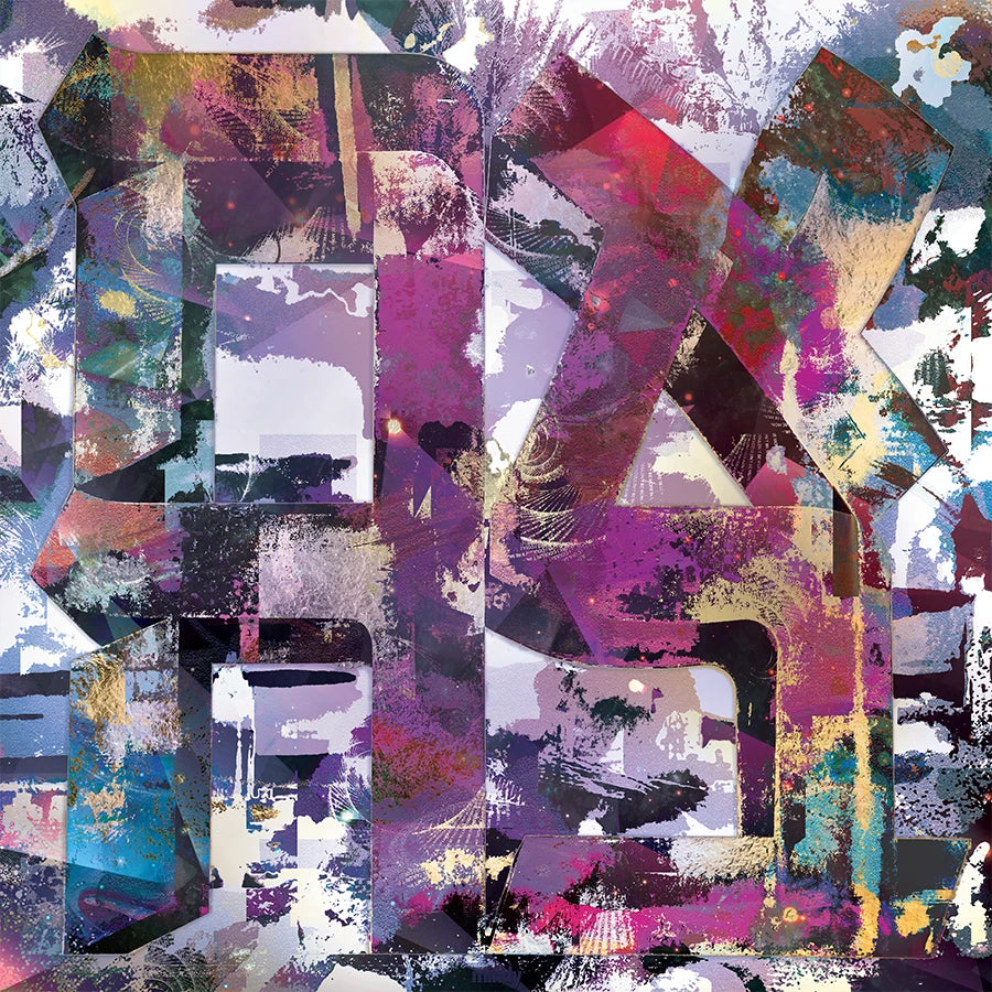 Abstract AHAVA artwork featuring large stylized letters or symbols in layered geometric shapes, with mixed textures and splashes of purple, pink, teal, black, white, and gold.