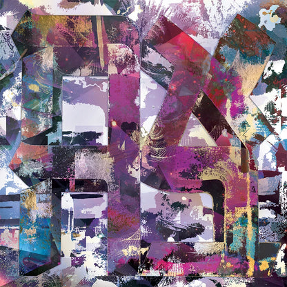 Abstract AHAVA artwork featuring large stylized letters or symbols in layered geometric shapes, with mixed textures and splashes of purple, pink, teal, black, white, and gold.