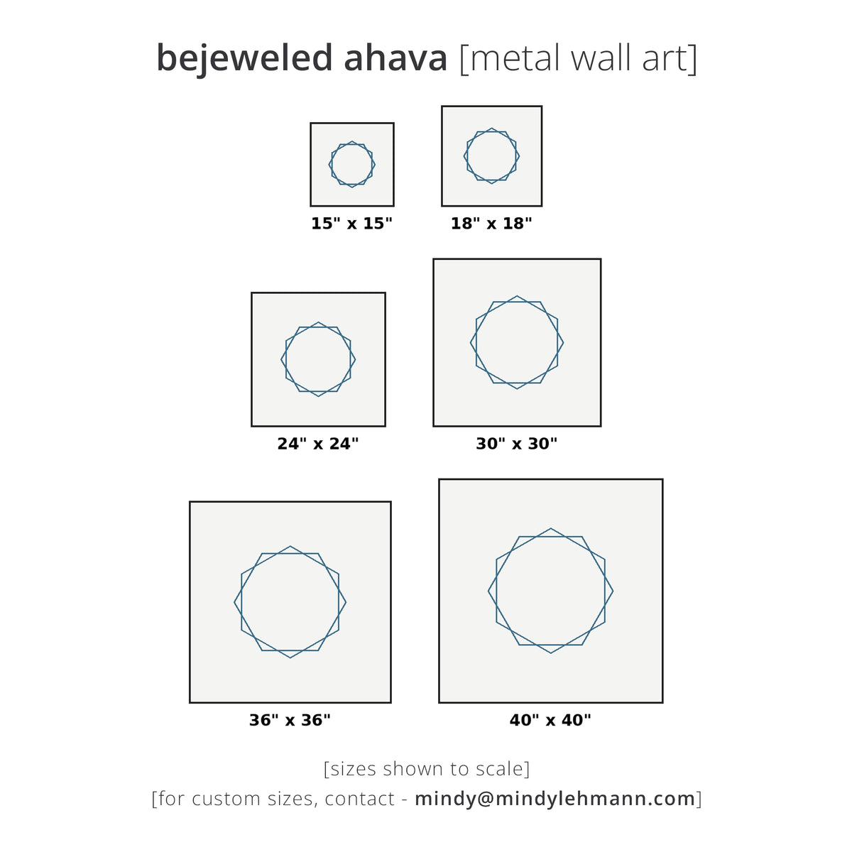 Size chart for bejeweled ahava metal art prints showing five square canvas sizes from 15x15 to 40x40 inches, each with a blue geometric circular design on a white background.