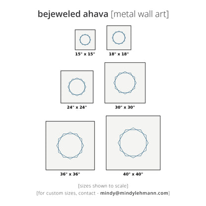 Size chart for bejeweled ahava metal art prints showing five square canvas sizes from 15x15 to 40x40 inches, each with a blue geometric circular design on a white background.