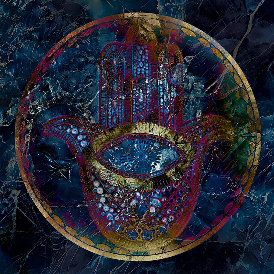 An ornate circular Hamsa hand artwork with a stylized eye motif, rendered in deep blue, purple, red, and gold tones against a dark marbled background.