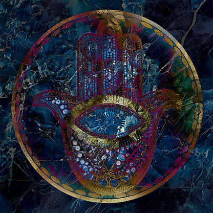 An ornate circular Hamsa hand artwork with a stylized eye motif, rendered in deep blue, purple, red, and gold tones against a dark marbled background.