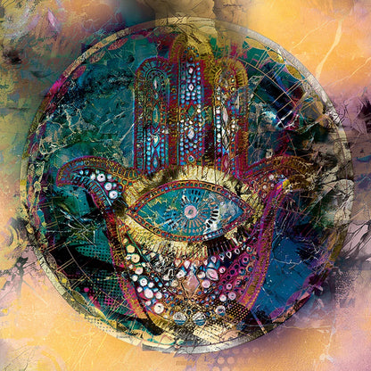 A circular abstract artwork featuring a stylized hamsa hand with a large eye motif, rendered in rich teal, blue, gold, purple, pink, and black textures with distressed painterly edges.
