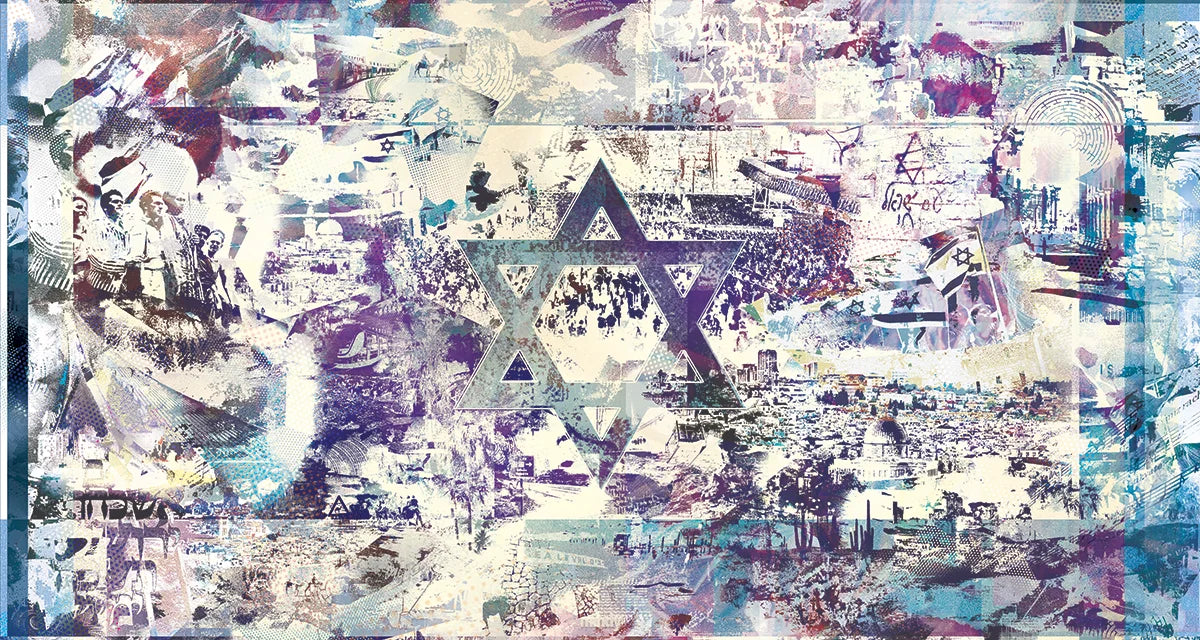 A square collage-style artwork with a large Star of David in the center, overlaid on layered photographic and graphic elements in purple, blue, white, and gray. The composition includes abstract textures, text fragments, and cityscape imagery.