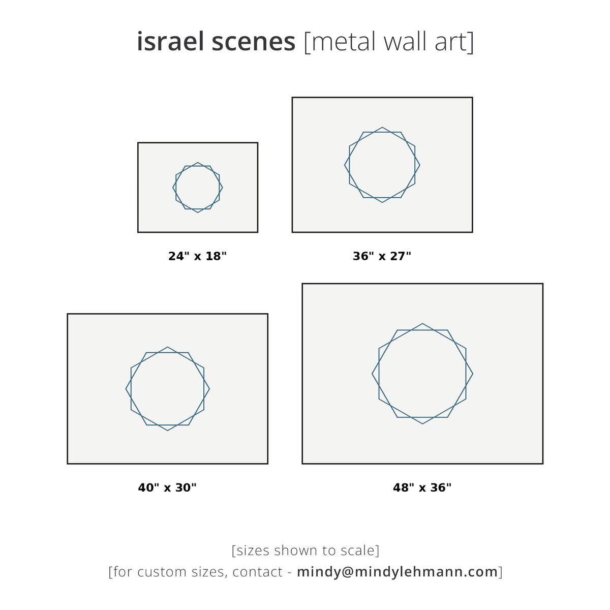 Size chart for metal art prints showing four square canvas options with different dimensions: 24" x 18", 36" x 27", 40" x 30", and 48" x 36". Each print features a blue geometric star design on a light gray background.