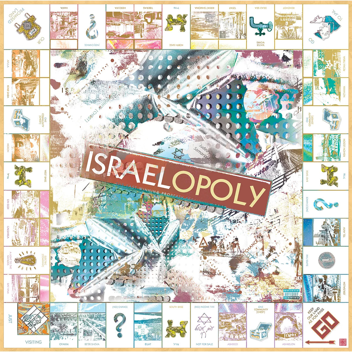 A square collage-style poster or print titled "ISRAELOPOLY" with a central abstract composition of airplanes, stars, dots, and layered text, surrounded by a border of smaller illustrated panels and labels.