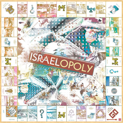 A square collage-style poster or print titled "ISRAELOPOLY" with a central abstract composition of airplanes, stars, dots, and layered text, surrounded by a border of smaller illustrated panels and labels.