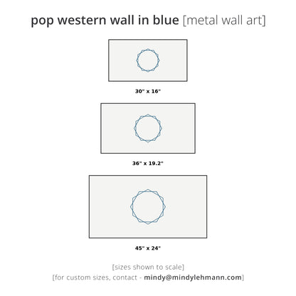 A size chart graphic for a pop western wall art print in blue, showing three rectangular print options labeled 30 x 16 inches, 36 x 19.2 inches, and 45 x 24 inches on a white background.